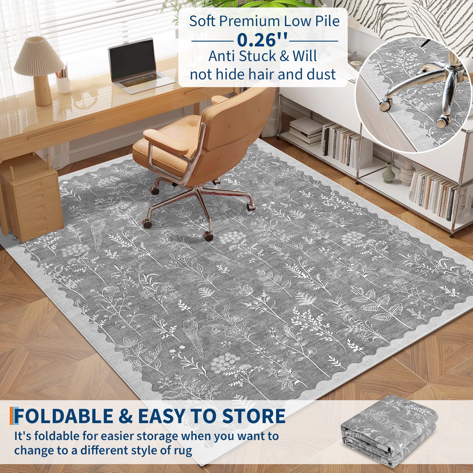 9x12 Under Bed Machine Washable Area Rugs, Modern Floral Print Floor Cover Carpet with Non Slip Backing Stain Resistant Farmhouse Rug for Nursery, Living Room, Office