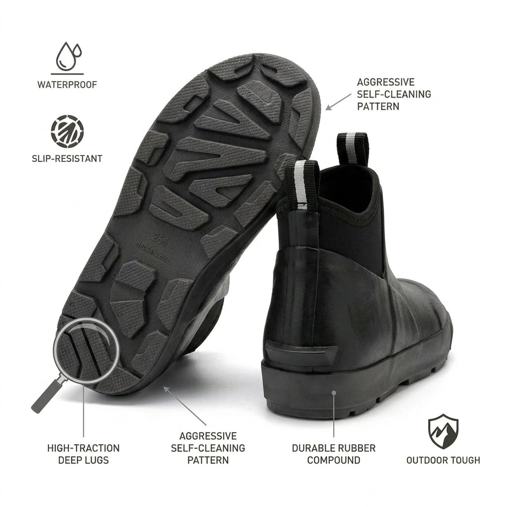 YUCHANG Men's Rain Boots,Deck Boots for Men,Outdoor Rubber Fishing Garden Waterproof Ankle Rain Boots with High Traction(Black,10.5)
