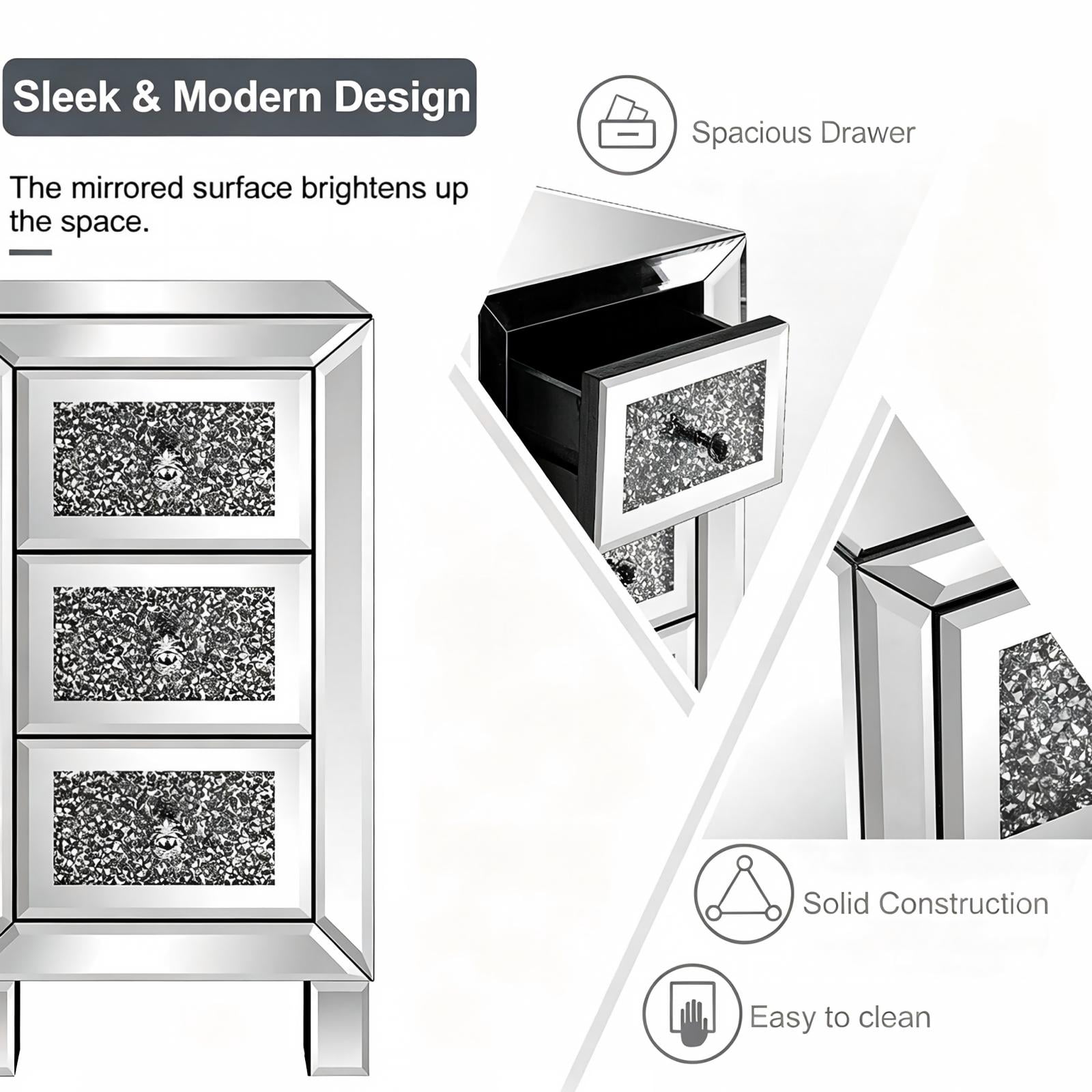 3-Drawer Mirrored Nightstand with Crushed-Diamond Drawer Fronts, Slim Bedside Table for Bedroom, Dressing Room, or Guest Room