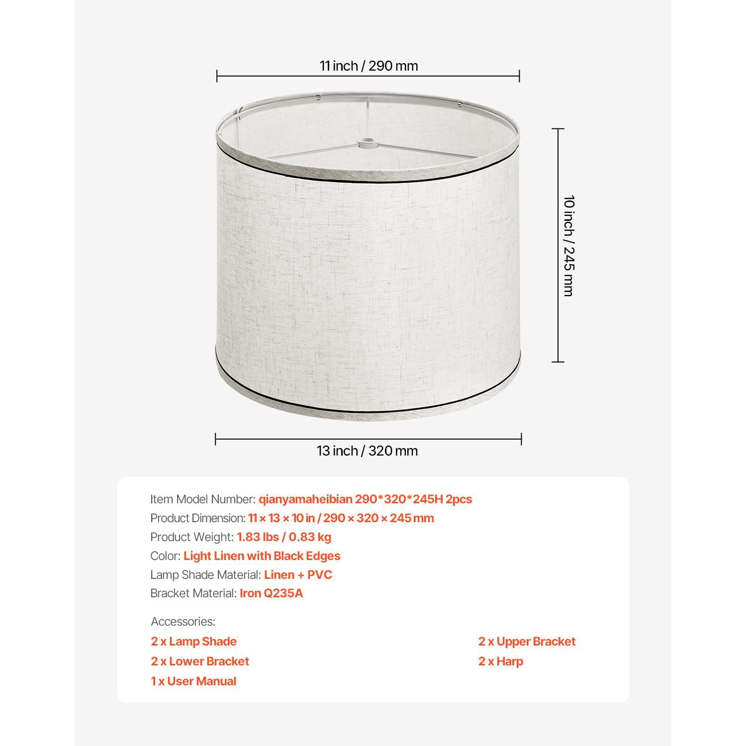 Linen Lampshade 11x13x10 Inch, Q235A Steel Metal Frame, Natural Linen with PVC Diffuser, 3-Minute Quick Installation, Compatible with E27 Fixtures for Table and Floor Lamps