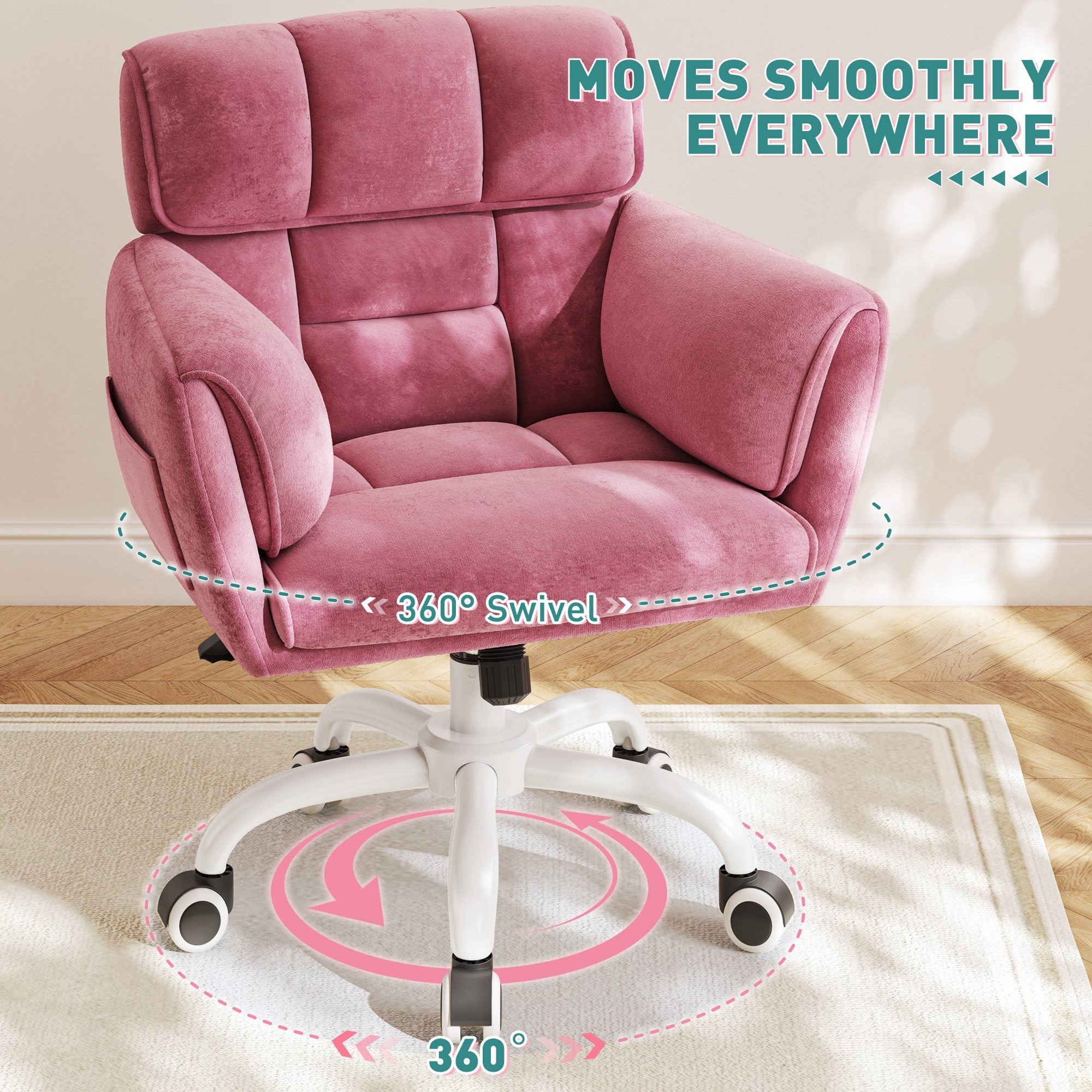 Romorgniz Adjustable Office Chair with Wheels, Soft-Touch Upholstered Desk Chair with Side Pockets, Ergonomic Vanity Chair for Bedroom, Home Office, Pink