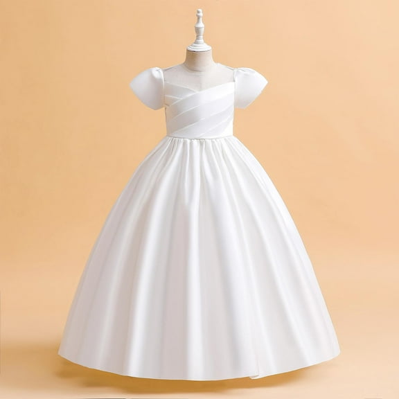 NAISIBABY Big Girls Princess Dress 8T, Long Length Short Sleeve Silky Satin Wedding Party Gown Performance Dress White