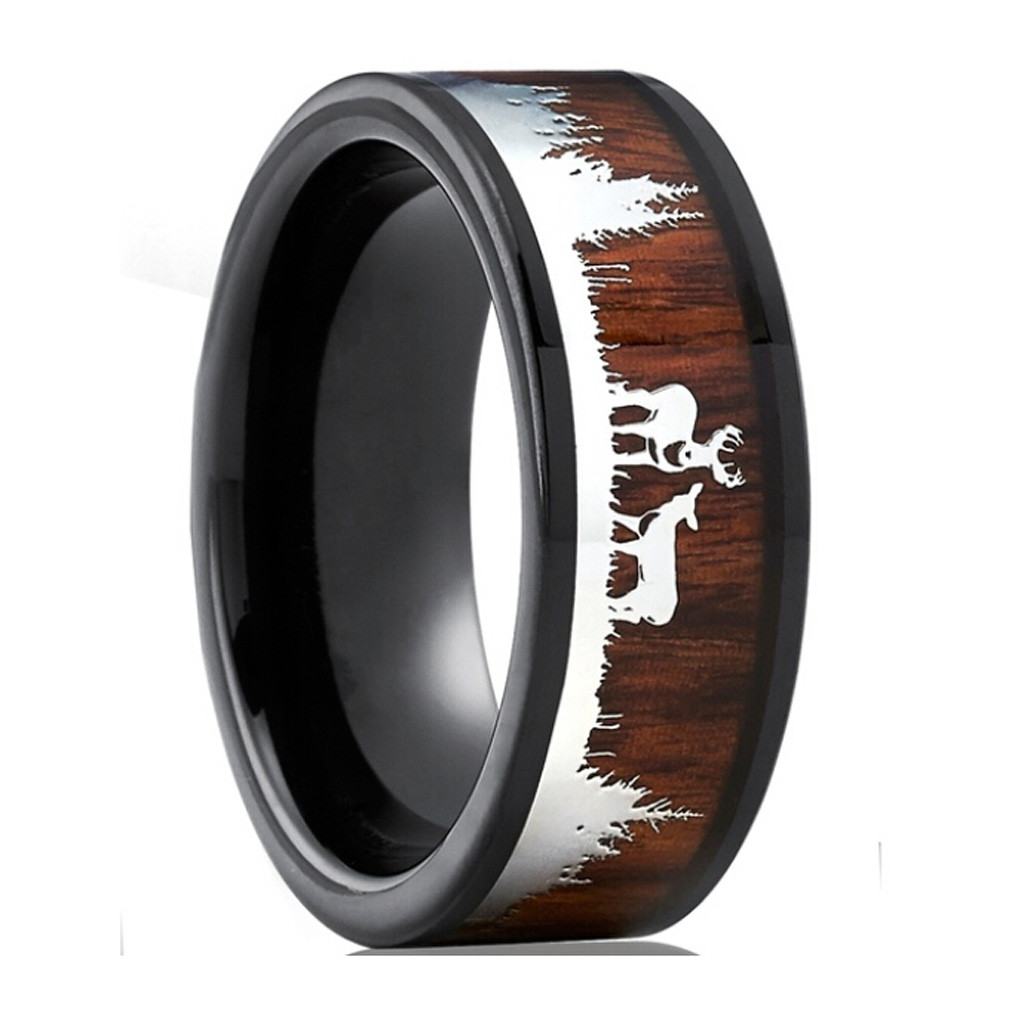 Black Ring Wood Inlay Deer Stag Ring Mens Wedding Mother's Day Birthday ...