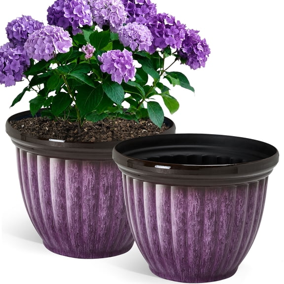 Ultym 15 inch Large Planters Set of 2 with 3D Textured Purple Finish and Drainage Holes for Porch Garden and Patio