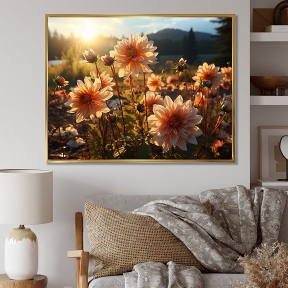 Designart "Daisies landscape Sunrise II" Floral Floater Framed Wall Art Print