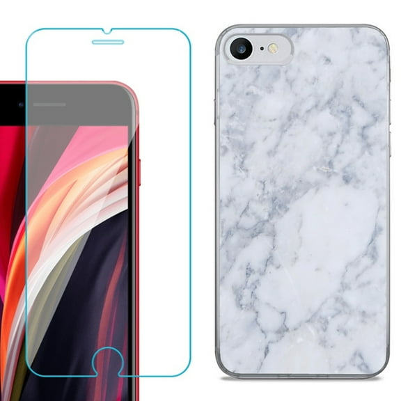 Slim-Fit Fashion Gel Phone Case for iPhone SE 2022, with Tempered Glass Screen Protector, by OneToughShield ® - Marble / Clouds