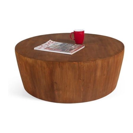 Solid Wood Drum Coffee Table - 33 Inch Round Living Room Table - Brown Finish Hardwood Tabletop