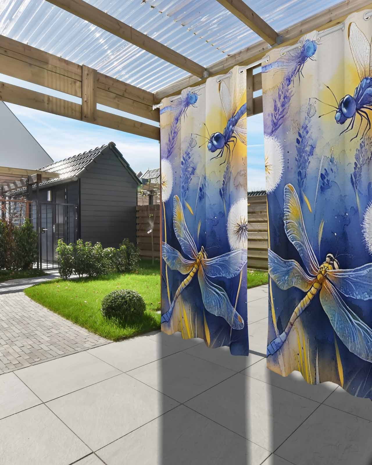 nqOlkjepod Outdoor Curtains for Patio Waterproof, Purple Dragonfly Outdoor Privacy Panels Grommet, Watercolor Spring Summer Floral Blackout Outside Curtains for Porch/Cabana 54"x108", 1 Panel