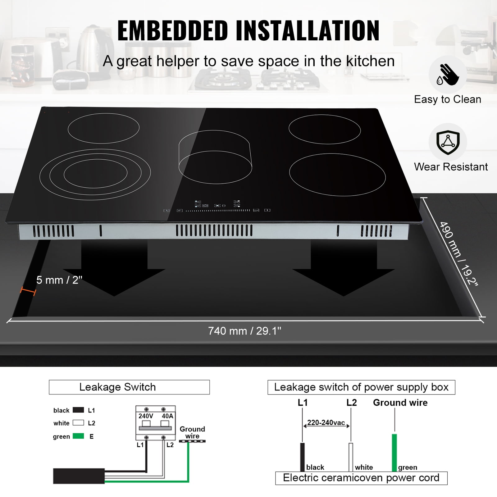 BENTISM 8600W Built-in Electric Cooktop Radiant Ceramic Induction Cooktop Cooktop 5 Burners Sensor Touch Stove 30.3''x20.5''