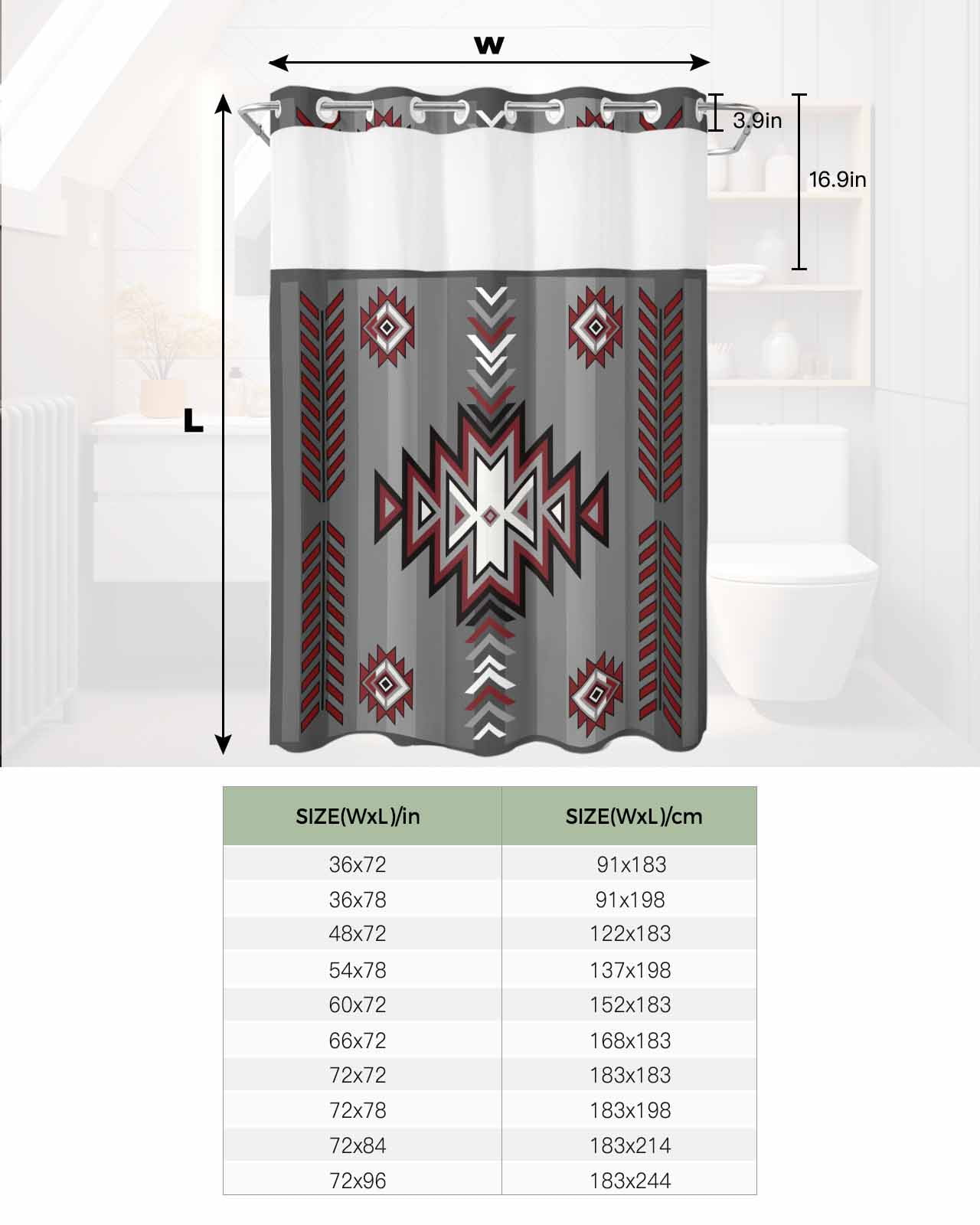 No Hook Shower Curtain with Snap in Liner, Boho Moroccan Red Geometric Grey Gradient Striped Hotel Shower Curtains for Bathroom, Washable Shower Curtain Liner Set with Mesh Top Window, 72"x84"