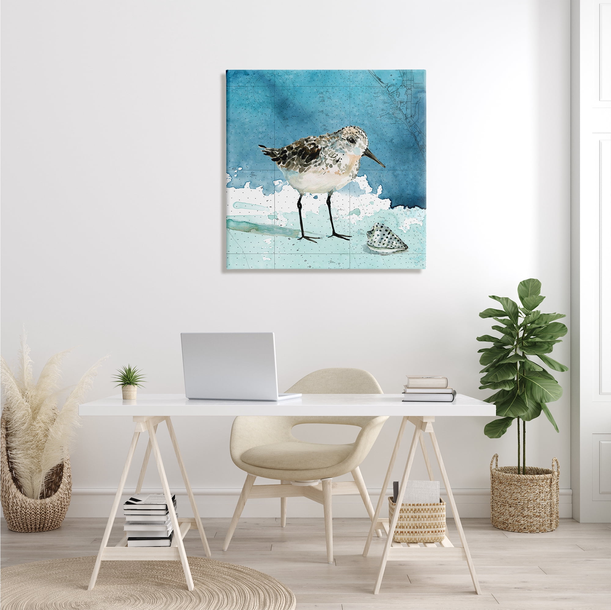 Stupell Industries Sandpiper Bird and Shell Nautical Ocean Map Animals & Insects Painting Gallery Wrapped Canvas Print Wall Art, 30 x 30