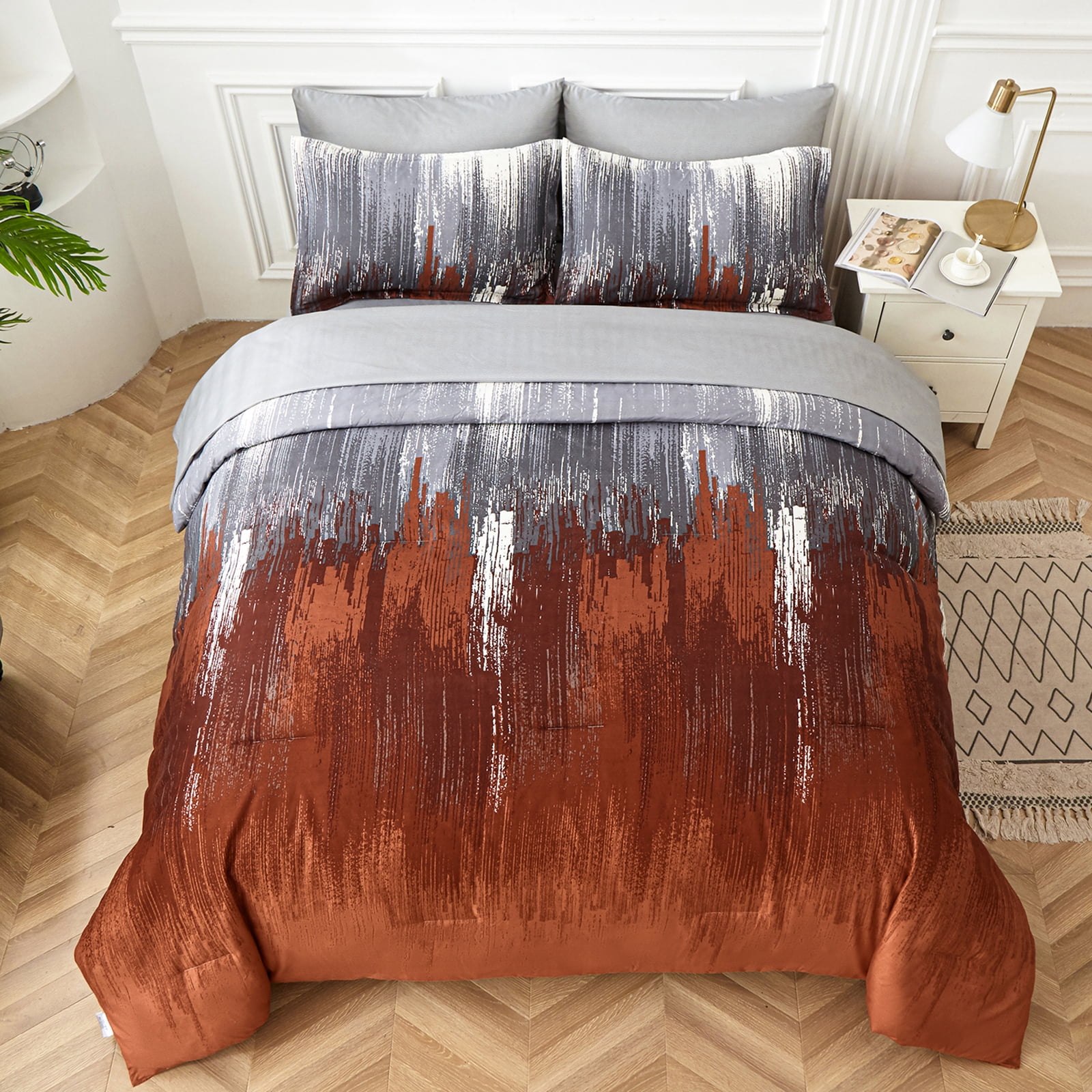 Dintszyayue Comforter Set Queen,Burnt Orange 7Pcs Abstract Gradient Soft Four Seasons Adult(90"x90")