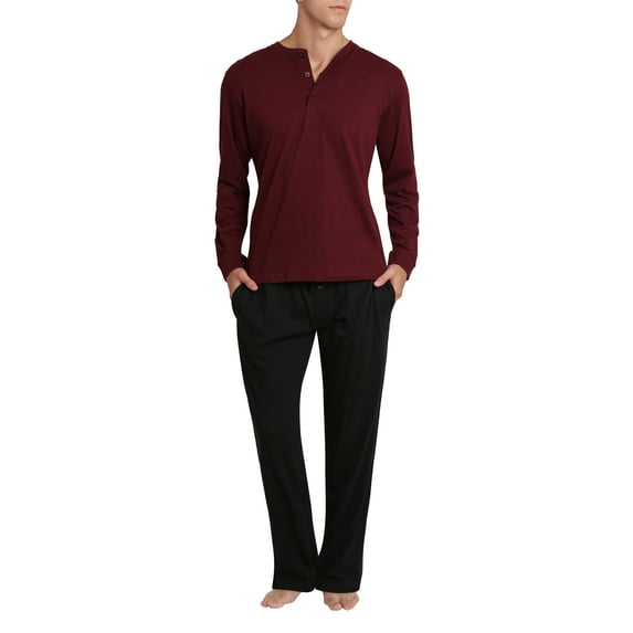 Mr. Sleep Adult Men's Soft Knit Cotton Pajama Pant and Long Sleeve Henley Button Down PJ Shirt Set - Burgundy with Black - S