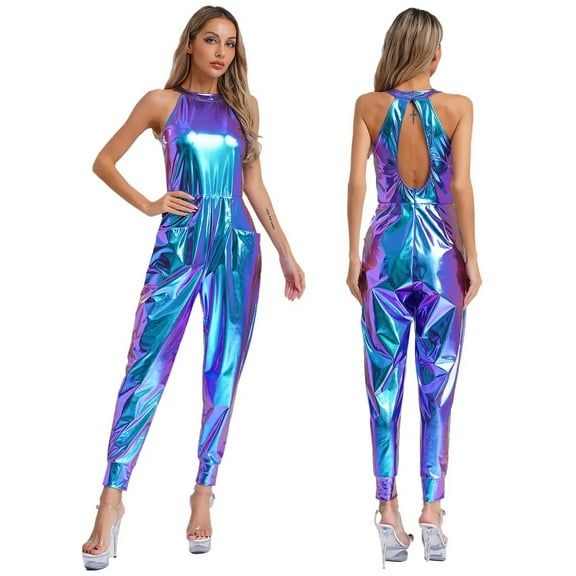 Women Unitard Jumpsuit For Pole Dancing Rompers Clubwear Hollow Out Shiny Metallic Pockets Zipper Bodysuit
