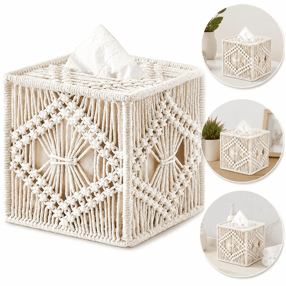 Boho Decor Tissue Box Cover Square, Handmade Woven Macrame Decorative Tissue Box Holder, Bohemian Tissue Organizer, Coastal Dorm Decor, Boho Office Decor for Living Room, Bathroom, Bedroom, Dresser a
