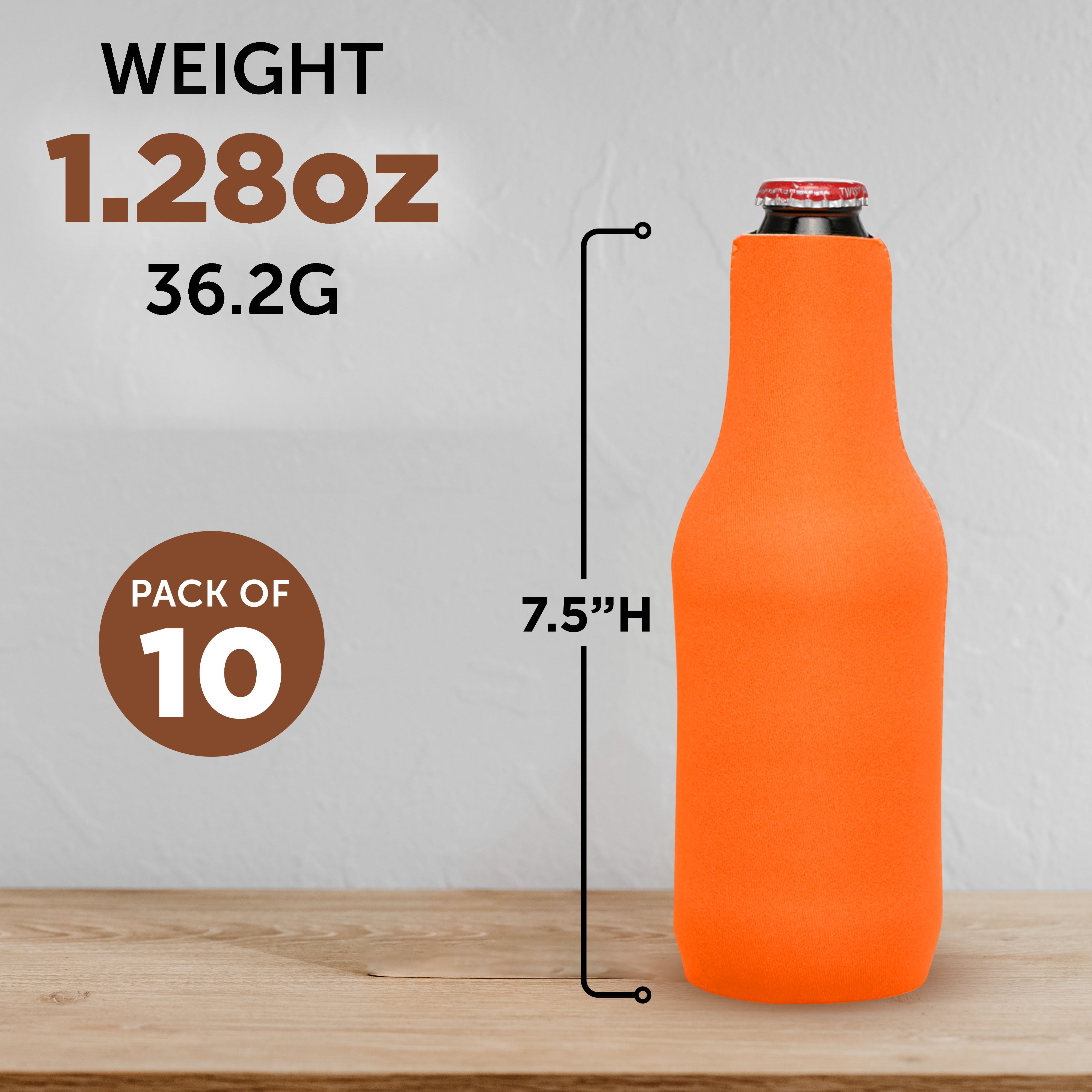 10 Neoprene Zippered Beer Bottle Coolies Pack - Sharkskin Rubber Bottom - Neon Orange