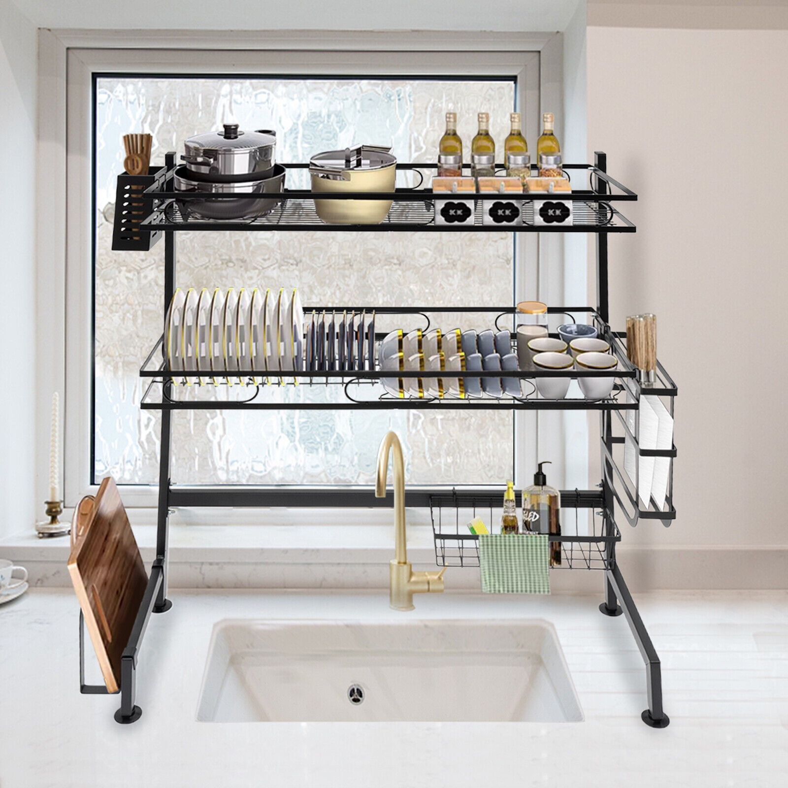 2-Tiers Over-The-Sink Dish Drying Rack Adjustable Large 24.4'' Kitchen Large Drainage Rack Over Sink Kitchen Countertop Dish Drying Sotrage Rack Black