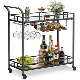 Nathan James Sally 2-Tiered Black Metal Frame Glass Rolling Bar