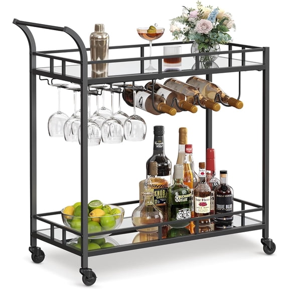 Bar Cart Black, Home Bar Serving Cart, Wine Cart with 2 Mirrored Shelves, Wine Holders, Glass Holders, for Kitchen, Dining Room, Black ULRC090B62