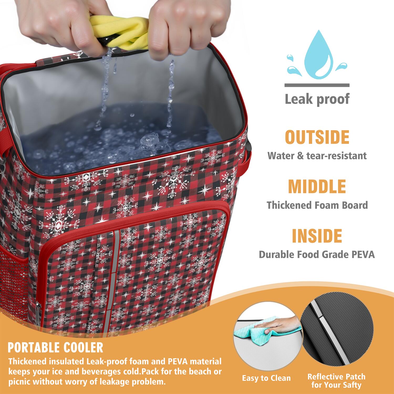 Travel Cooler Bag - Red and Black Christmas Snowflake Pattern Camping Beer Cooler Backpack with Bottle Opener- Waterproof Insulated Picnic Backpacks - Cooler Bag for Beach