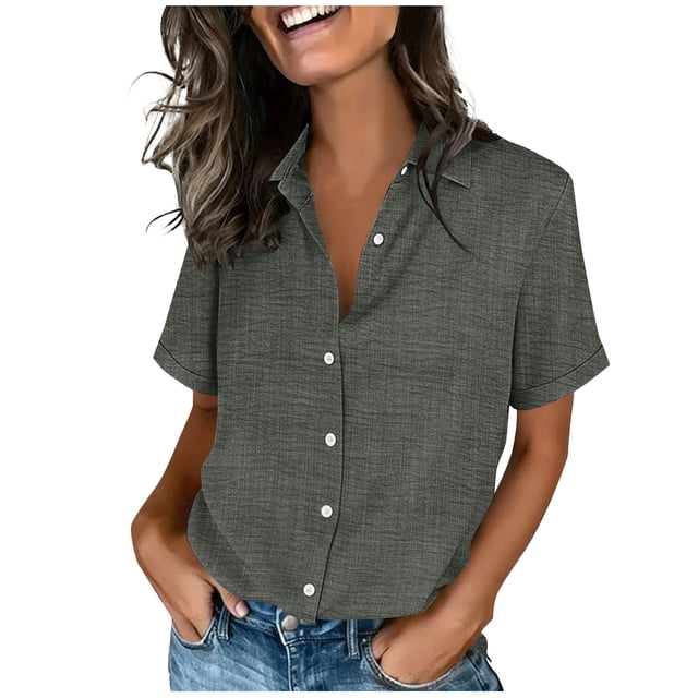 Wensltd Button Turndown Collar Tops Women Solid Color Short Sleeve Casual Loose Soft V Neck Work Shirts