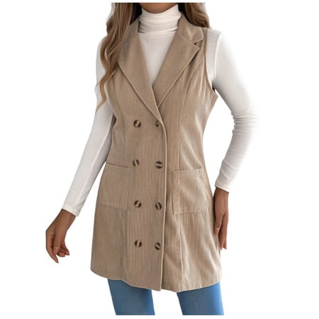 Mwjwdo Women s Lapel Collar Double Breasted Longline Corduroy Vest Cargo Hip Pockets Vintage Textured Layer for Downtown Outings Yellow M