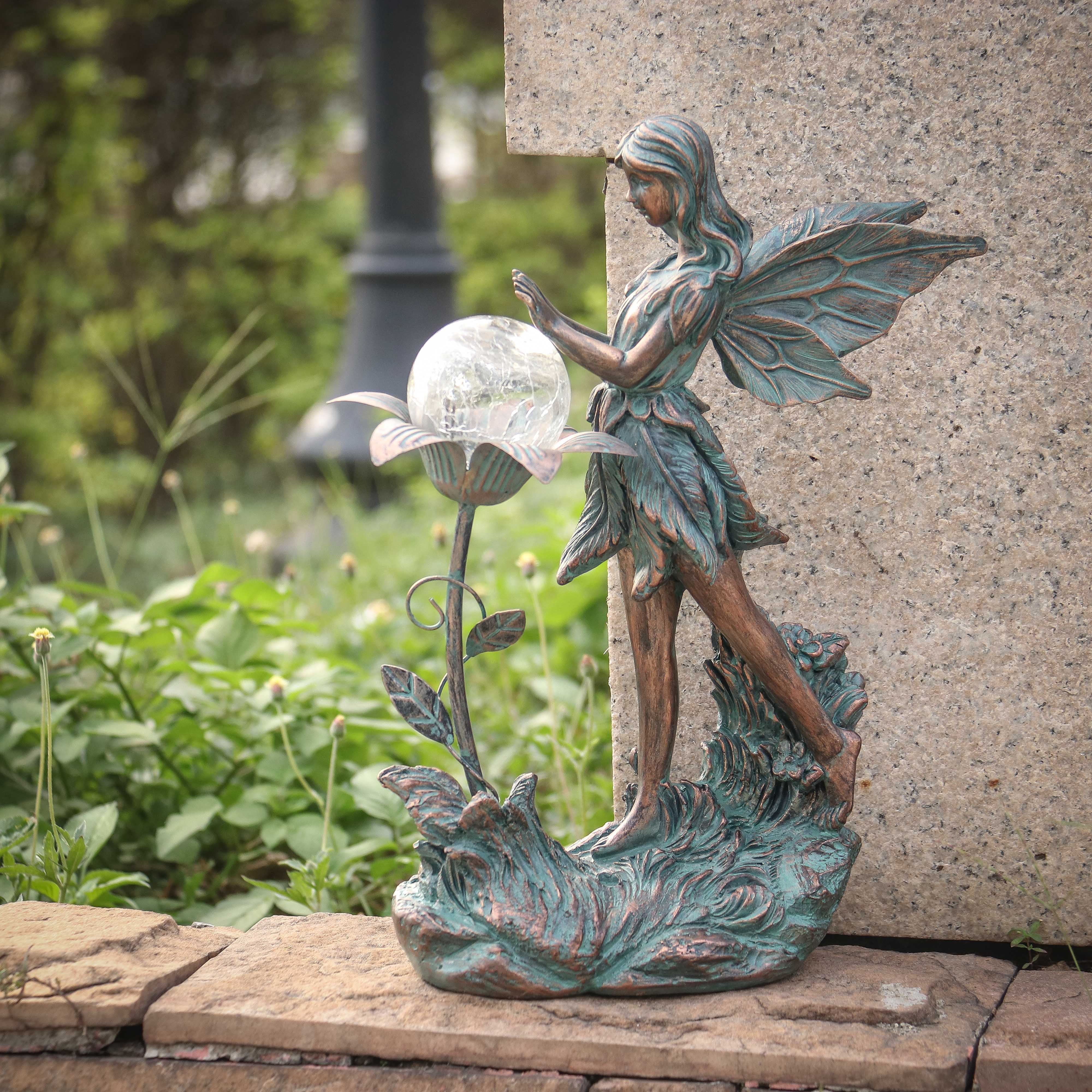 TERESA'S COLLECTIONS Garden Fairy Large Bronze Garden Sculptures & Statues Resin with Solar Outdoor Light, 11"