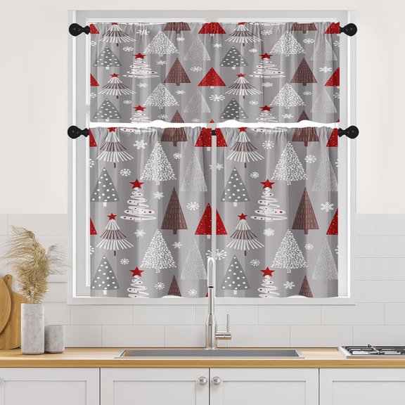 Christmas Tree Winter Abstract Kitchen Curtains Window Curtains and Valances Set 36 Inch, Grey White Red Xmas Snowflakes Short Tier Curtain for Kitchen, Christmas Small Kitchen Decor
