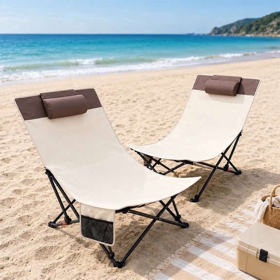 WTVIDAS Set of 2 Folding Low Reclining Beach Chairs, 4-Position Lay Flat with Headrest & Side Pocket for Camping Lawn Outdoor