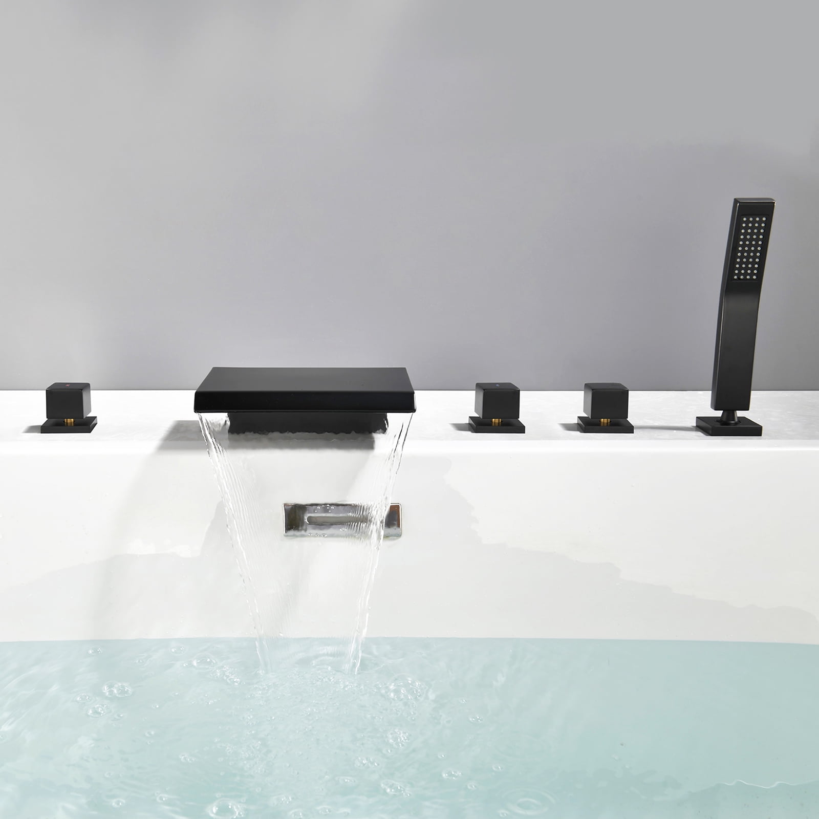 Cobbe 5-Hole Deck Mount Bathroom Bathtub Faucet with Hand Shower, 7.87-Inch and Wide Waterfall Spout Matte Black