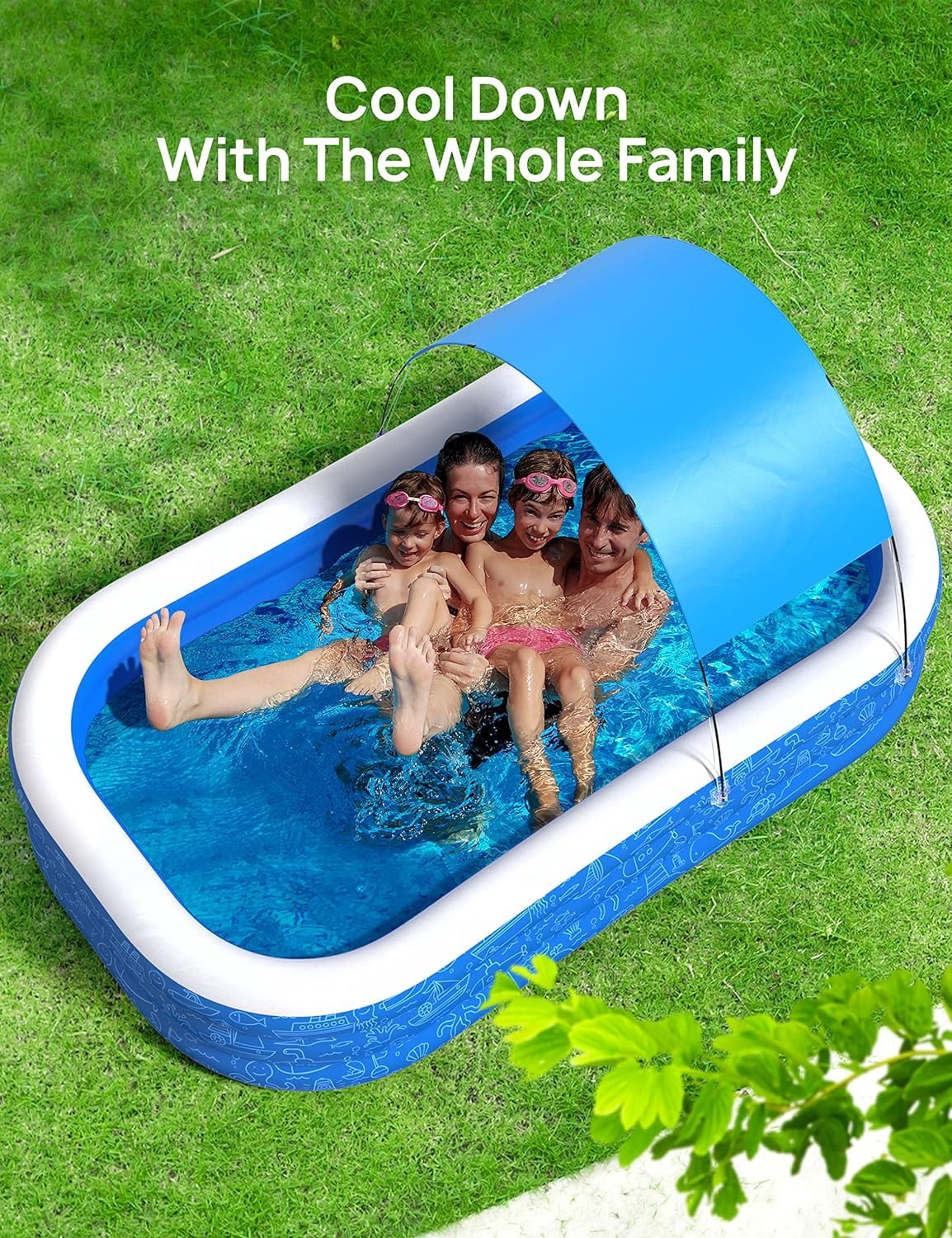 Large Inflatable Swimming Pool with Canopy, 120” x 70” x 20” Full-Sized Inflatable Pool for Kids & Adults, Kiddie Pool with Sun Shade, Blow Up Pool for Backyard, Garden, Age 3+, Blue
