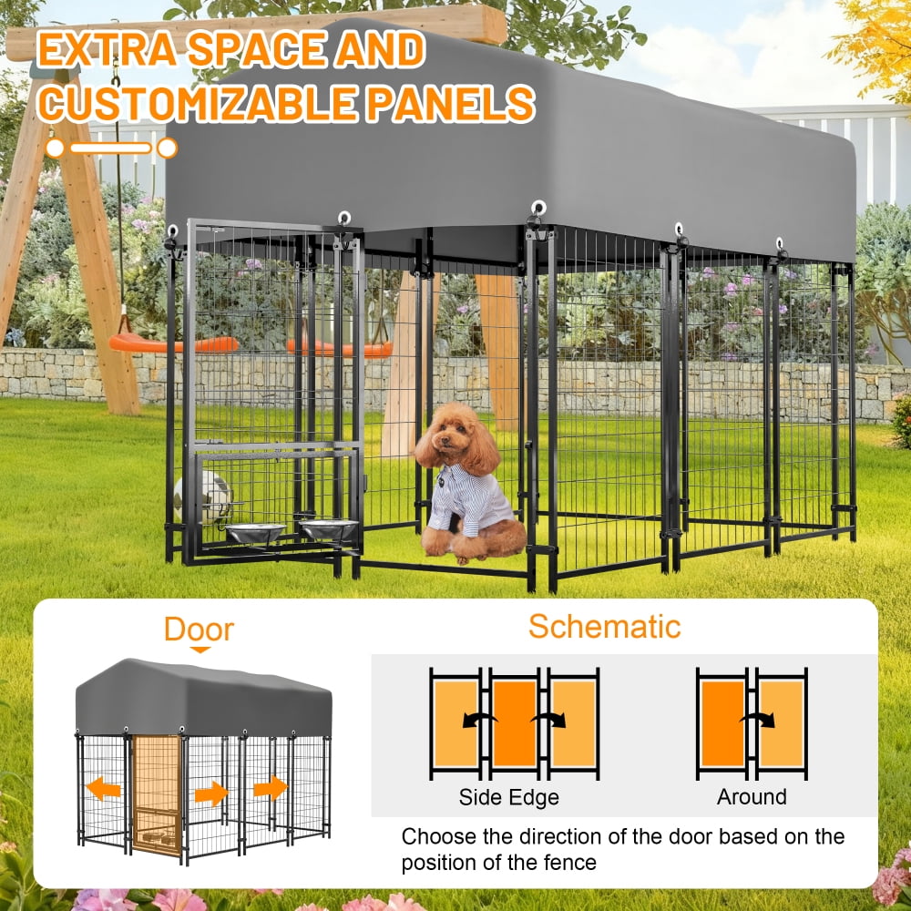 4.23'x5.82'x4.83'  Outdoor Dog Crate with Rotating Feeder & Roof - Heavy Duty Welded Wire, Waterproof Cover for Medium/Large Breeds