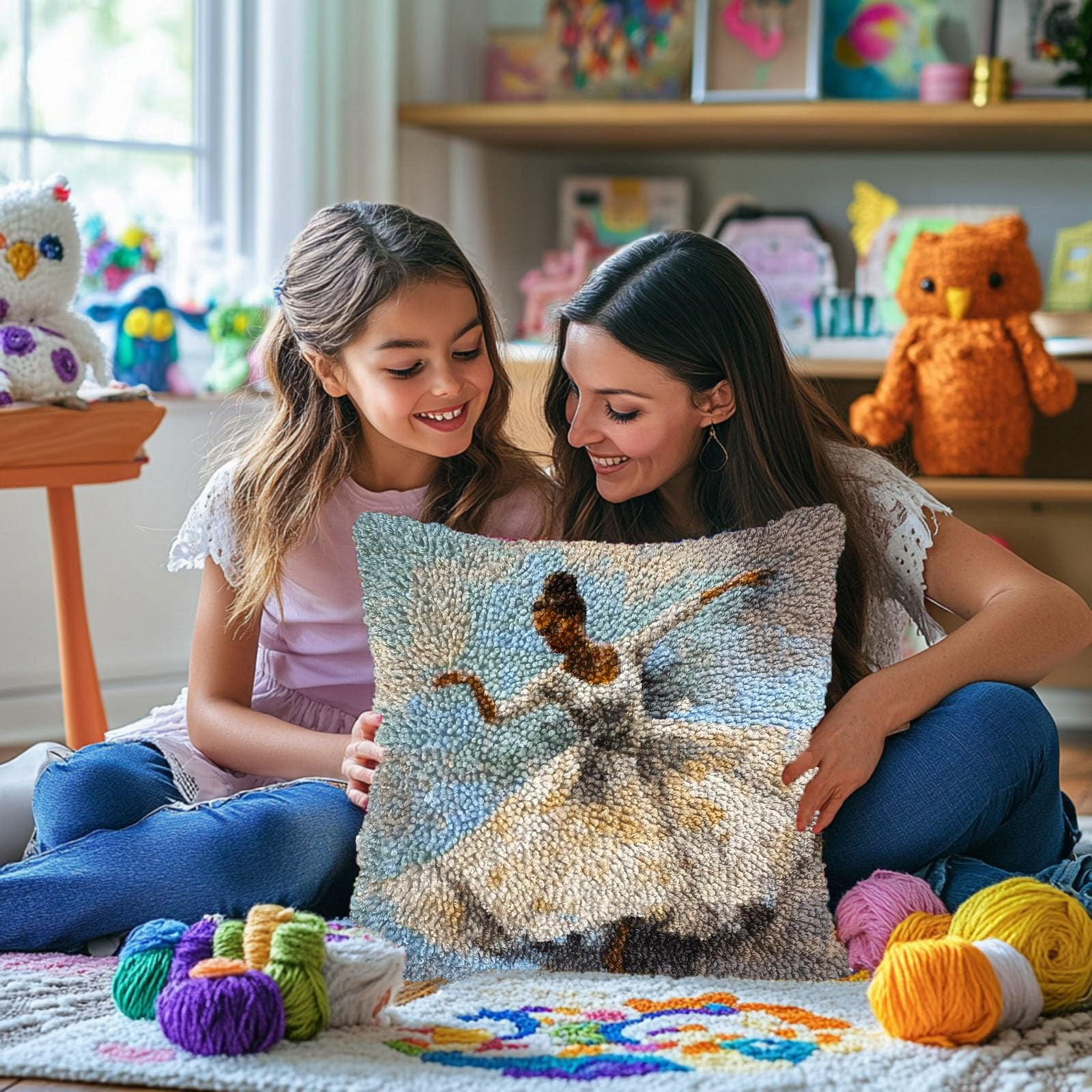 White Dress Ballerina Woman Dancing DIY Latch Hook Pillow Kits for Adults Printed Pillowcase Crochet Yarns Hooking Handmade Pillow Cover Cushion for Home Sofa Decoration 17x17inch(1)