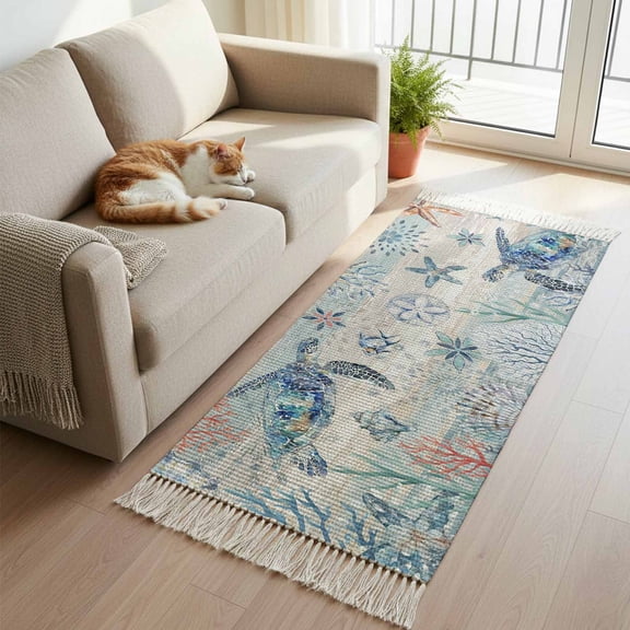 Ocean Turtle Hallway Runner Rug 2'x6', Coral Vintage Blue Shell Coastal Conch Washable Entryway Rug with Tassels, Woven Cotton Laundry Room Rugs Long Carpet for Bathroom Sink Foyer Bedroom