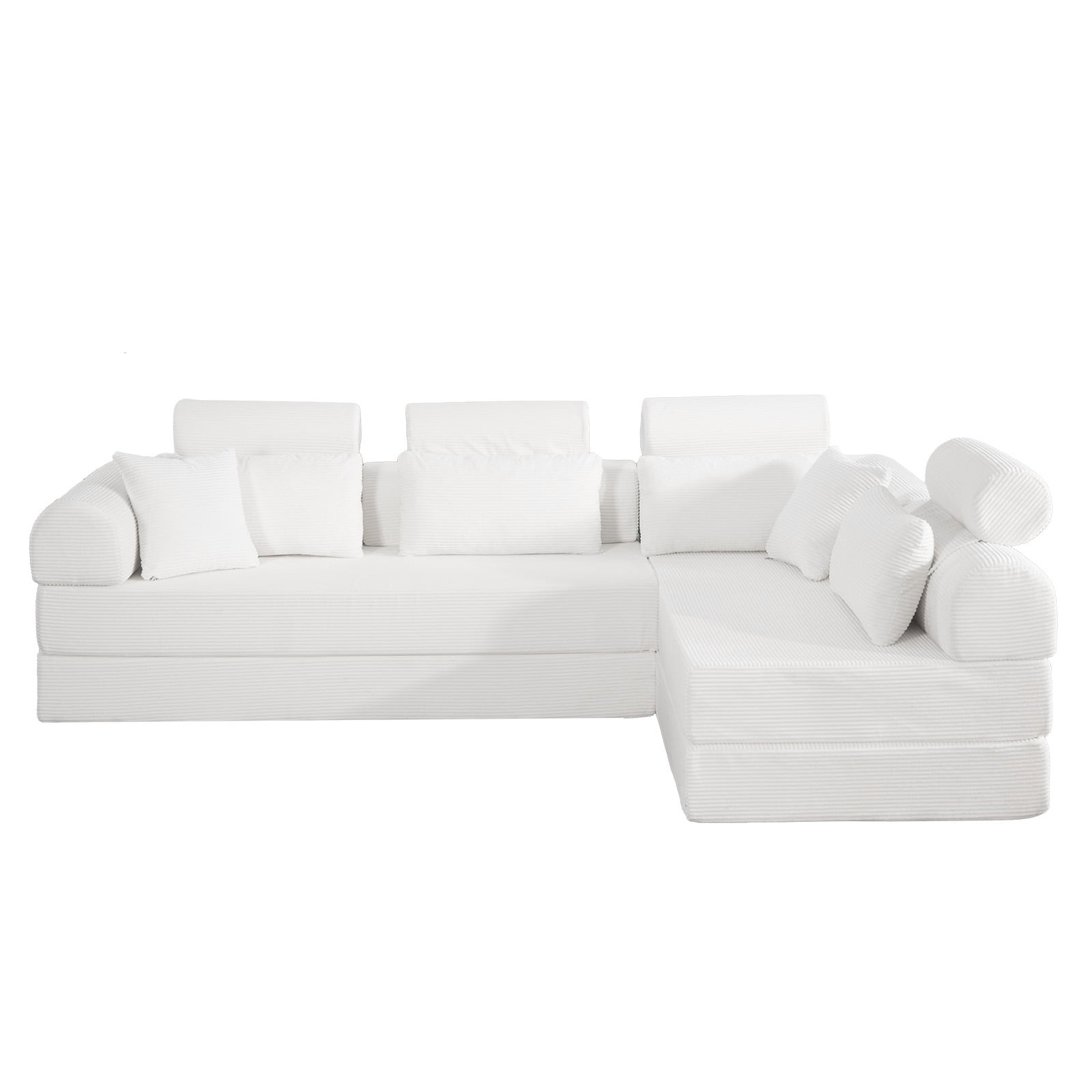 L-Shaped Sectional Sofa Converts to Bed, Corduroy Chaise Lounge with 28D High-Density Foam, No Assembly Compressed Couch for Apartments and Studios, Beige