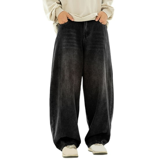 Luwomo Mens Casual Jeans Washed Split Splicing Design Retro Loose Fit Streetwear Long High Waist Wide Leg Trousers Relaxed Fit Denim Pants Black,L