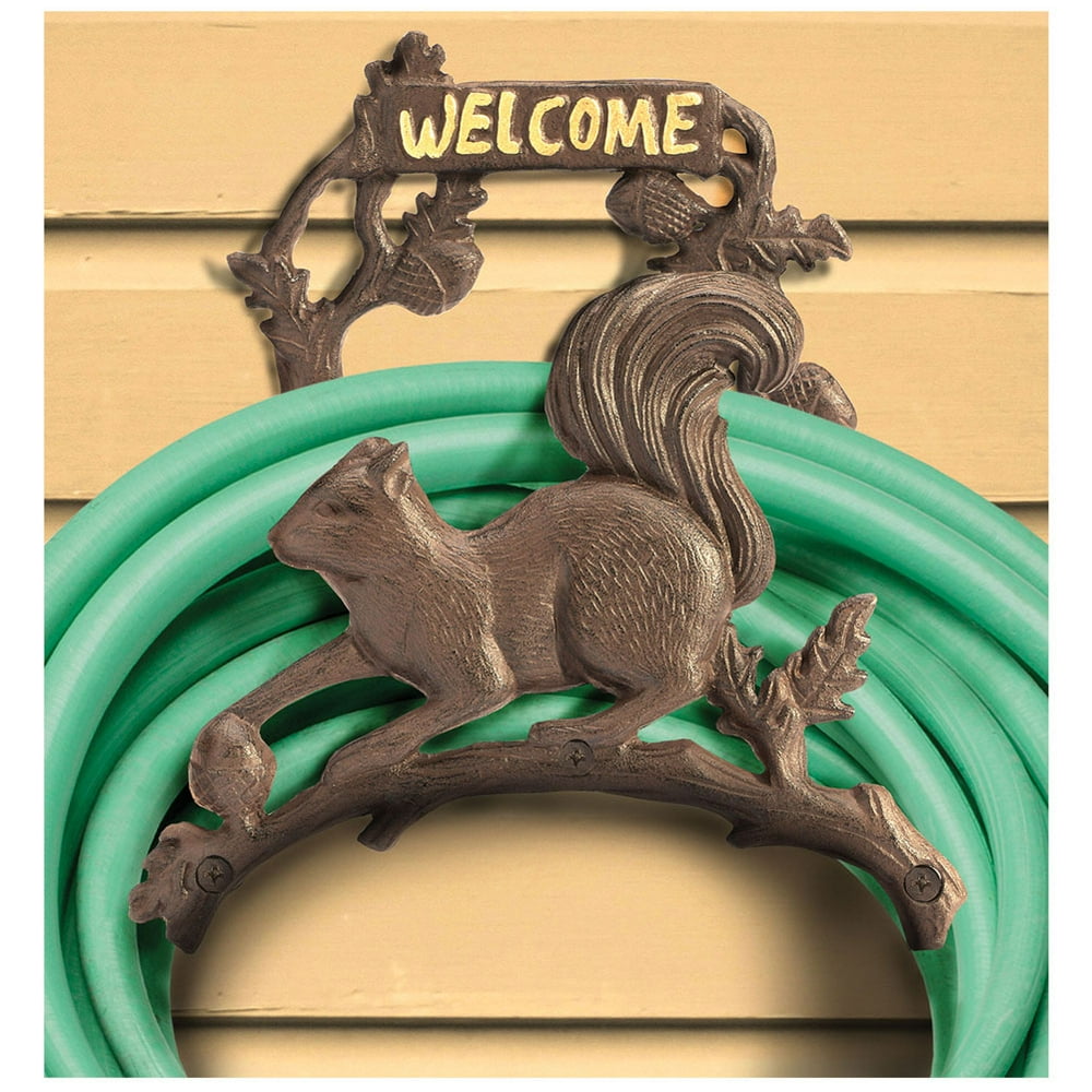 Cast Iron Squirrel Garden Hose Reel Hanger - Decorative Wall Mounted