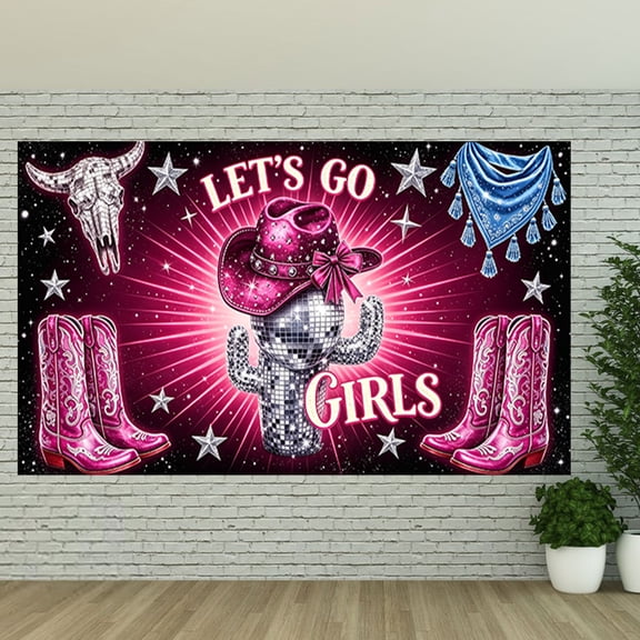 Western Cowgirl Backdrop Glitter Star Disco Cactus Cowgirl Pink Boots Banner Let's Go Girls Party Decorations Background