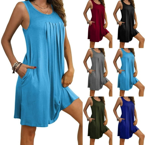 Aboser Womens Summer Casual Dresses with Pockets Comfy Pleated Front Tank Dress Lightweight Sleeveless Short Dresses Loose Fitted Plain Dress