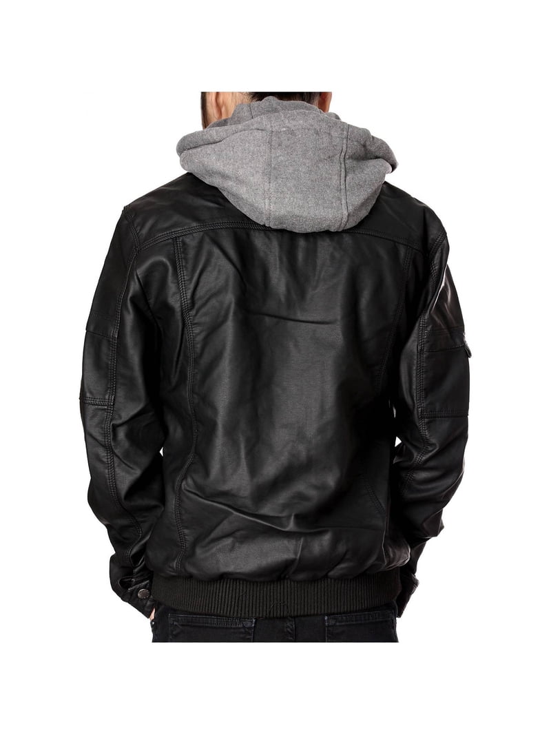 Men's Faux Leather Hooded Motorcycle Bomber Jacket with Removable