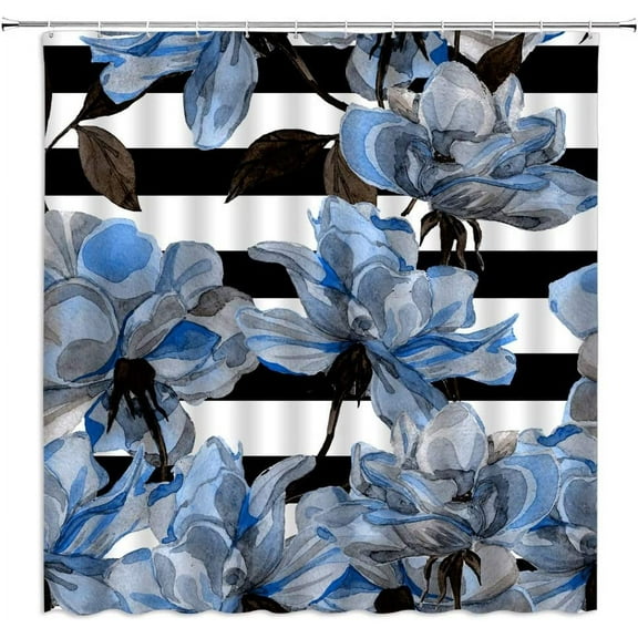 Royal Blue Flower Shower Curtain Black and White Striped Watercolor Roses Rustic Floral Colorful Abstract Art Arrangement Modern Fabric Bathroom Decor Set with Hooks(70" Wx84 H)