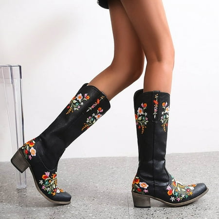 

FITORON Womens Mid Calf Boots- Autumn and Winter High-tube Mid-heel Sleeve Square-toe Wedding Boots Ethnic Embroidery Flower Boots Black 43