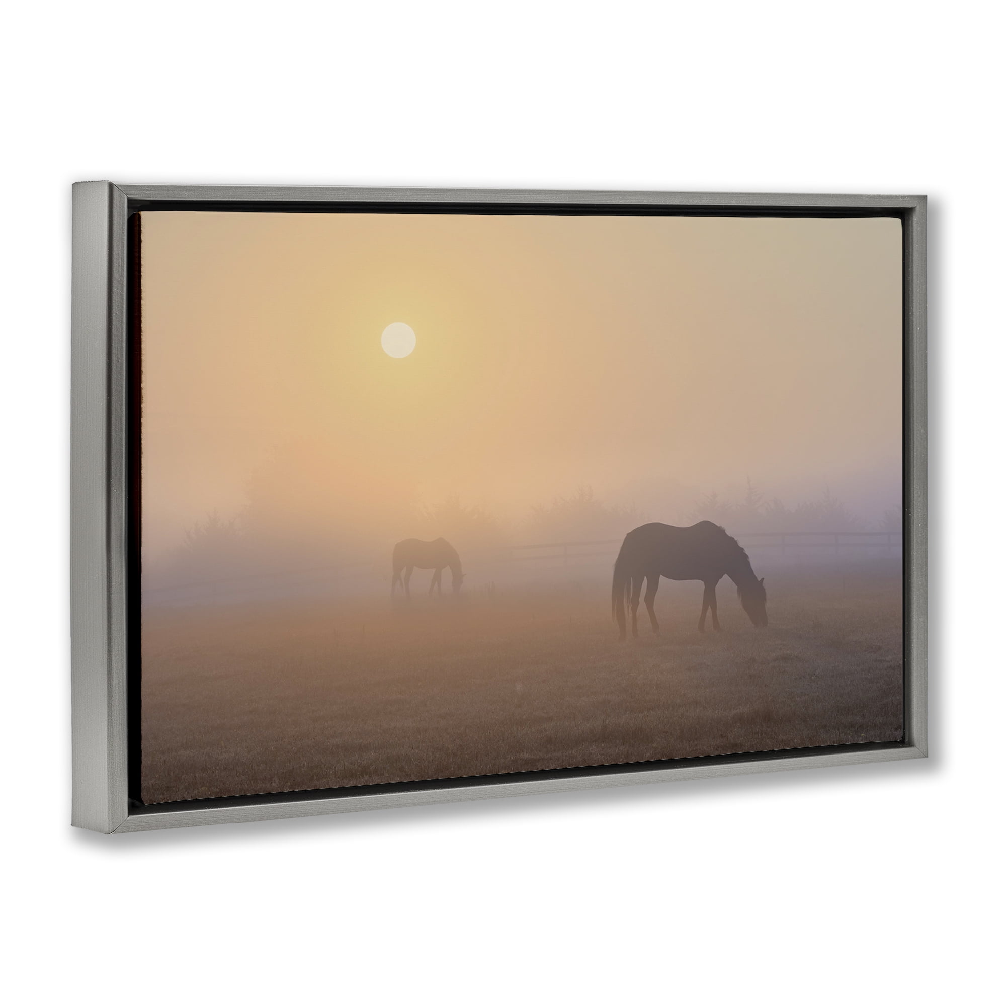 Stupell Industries Misty Sunlit Horses Landscape & Nature Photography Gray Floater Framed Canvas Art Print Wall Art, 25 x 17
