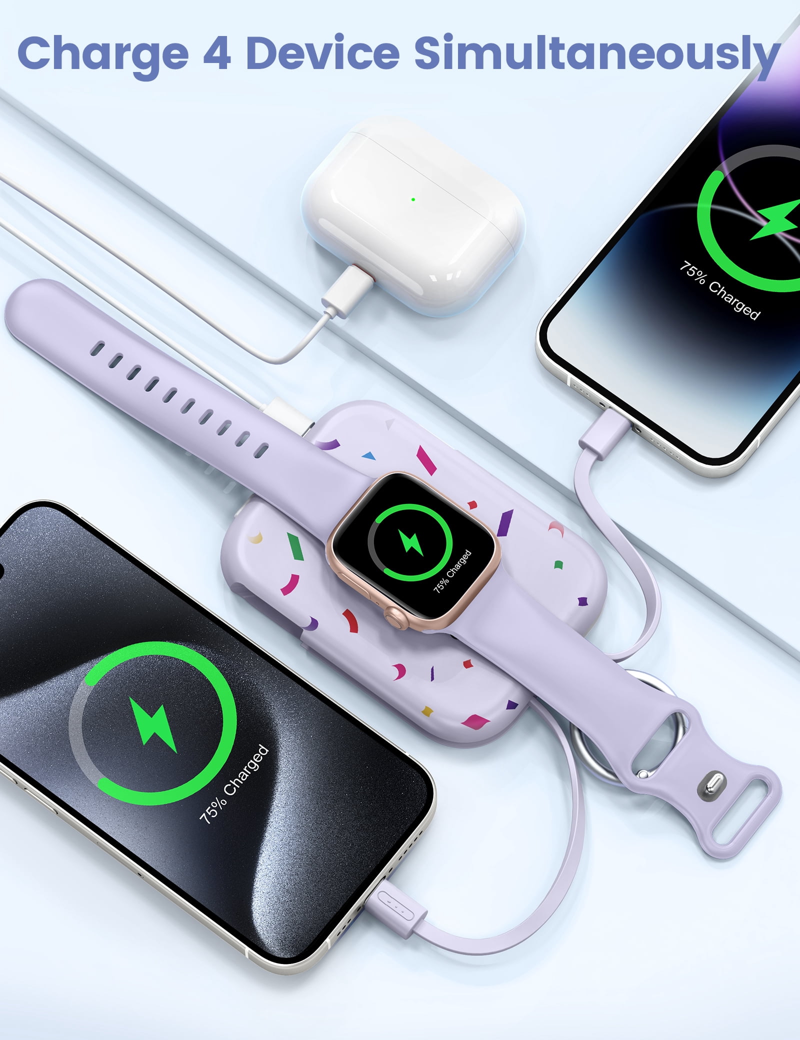 RORRY Portable Charger, 5000mAh Power Bank - Apple Watch Charger with Built-in Cables,Travel-Ready Portable Charger for iPhone 17/ 16/15/14 ,Android ,Apple Watch Ultra2/11/10/9/8, Confetti-Purple