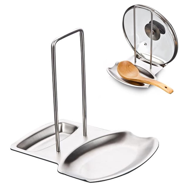 Organizador de utensilios de cocina que garantiza la limpieza de la encimera y la estufa, soporte para tapa y cuchara, durabilidad del acero inoxidable, ranuras de drenaje para un secado rápido,
