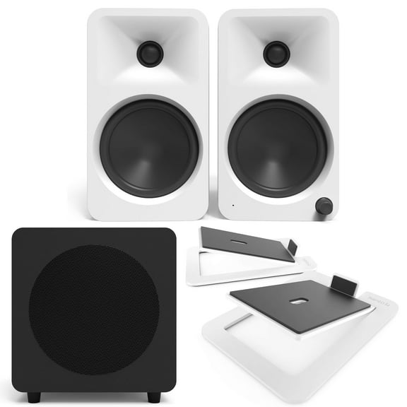 Kanto ORA4MW Pro Audio Bluetooth Desktop Speakers with a Kanto SUB8VMB Sealed Powered 8" Subwoofer and Kanto S6W Angled Desktop Speaker Stands for Large Speakers (2024)