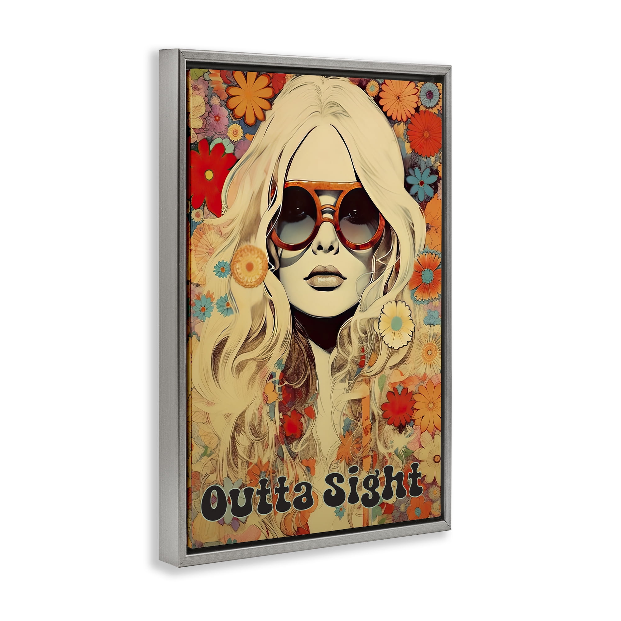 Outta Sight Hippie Girl Gray Framed Floater Canvas Wall Art, design by Sasha