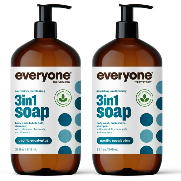 Everyone 3-in-1 Soap, Body Wash, Bubble Bath, Shampoo, 32 Ounce (Pack of 2), Pacific Eucalyptus, Coconut Cleanser with Plant Extracts and Pure Essential Oils