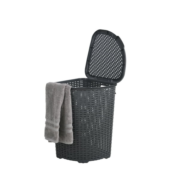 Superio 50L Wicker Plastic Corner Laundry Hamper with Lid - Onyx Grey