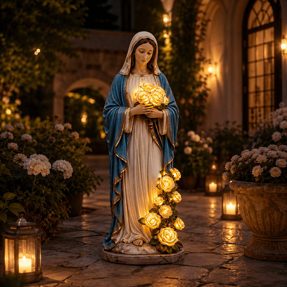 Virgin Mary Garden Light,Virgin Mary Solar Garden Statue with Glowing LED Roses,Blessed Mother Outdoor Sculpture for Catholic & Christian Yard Art Decor, Memorial Gift for Women Mom Grandma
